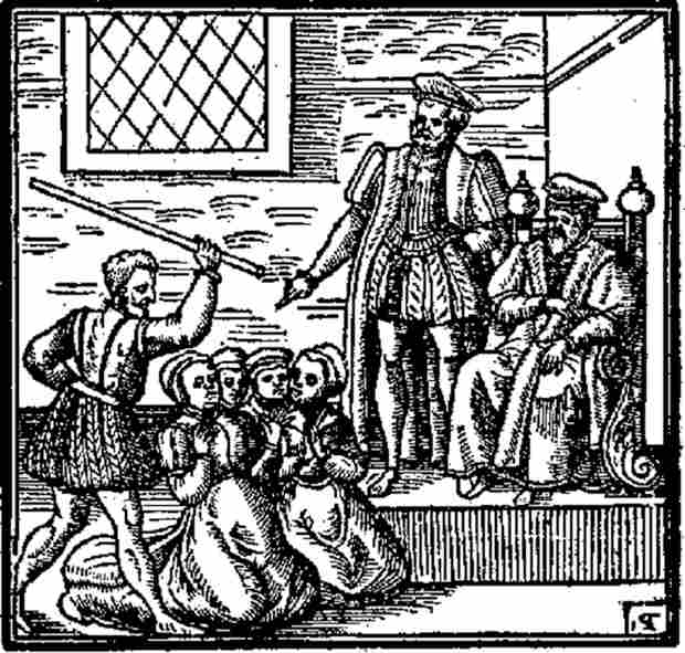 Suspected witches from North Berwick appear before
James VI and two Scottish magistrates, from the English
pamphlet Newes from Scotland (1591)